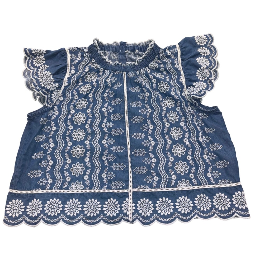 Embroidered Navy Blue Flutter Sleeve Blouse